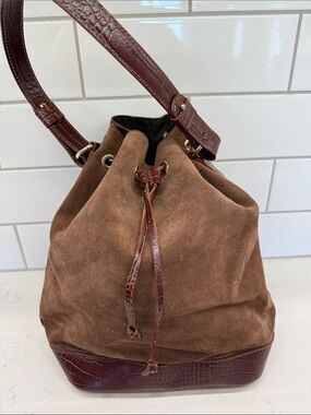 Isadora Brown Suede Drawstring Bucket Bag with Croc-Textured Trim Italy